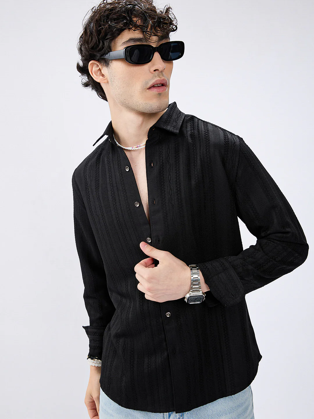 Black Artisan Woven Jacquard Striped Shirt - Image 4