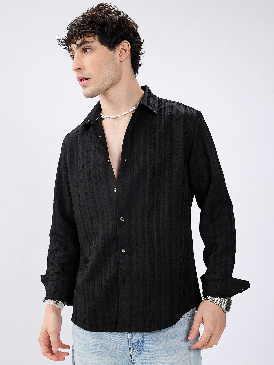 Black Artisan Woven Jacquard Striped Shirt - Image 5