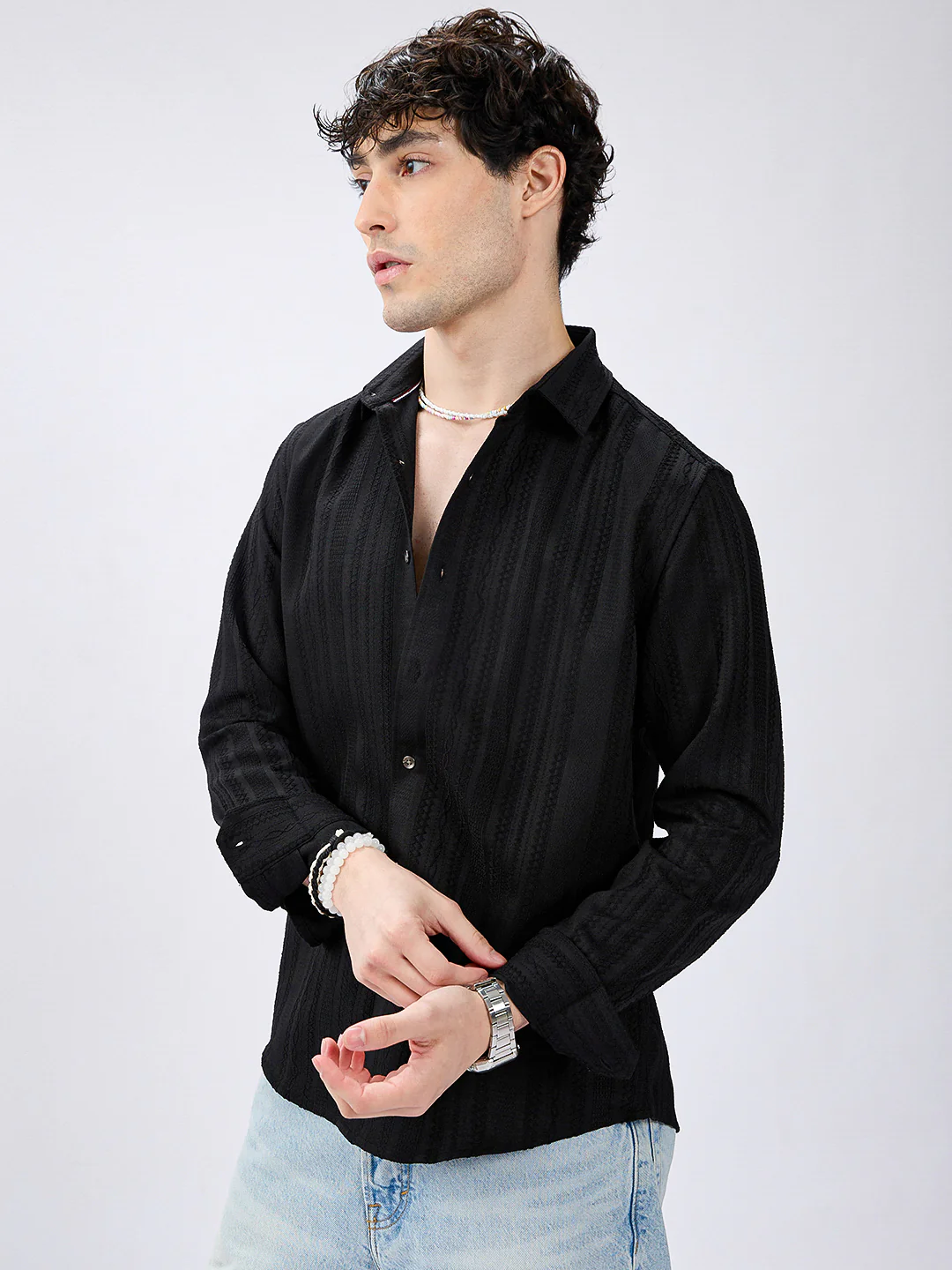 Black Artisan Woven Jacquard Striped Shirt - Image 6