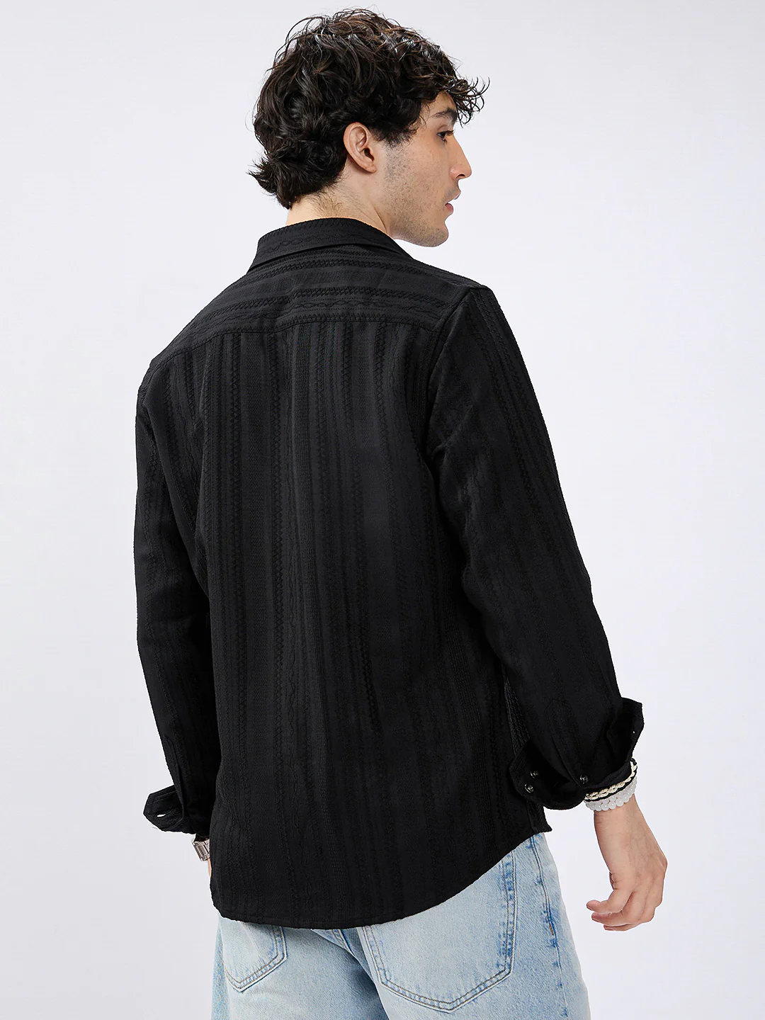 Black Artisan Woven Jacquard Striped Shirt - Image 7