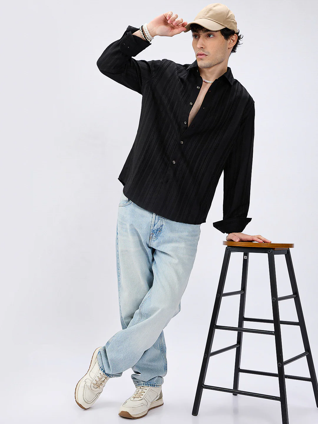 Black Artisan Woven Jacquard Striped Shirt - Image 8