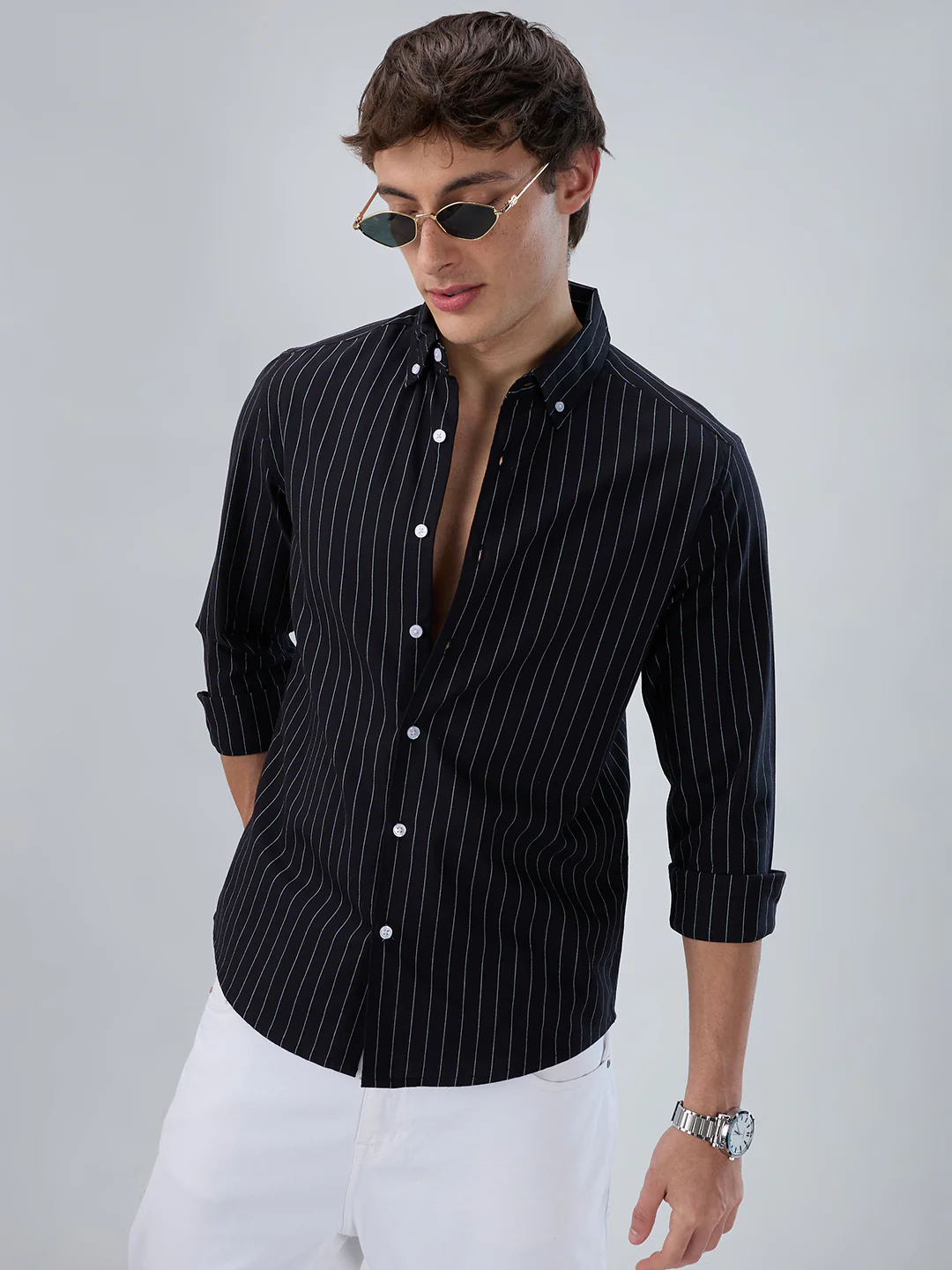Black Balanced Striped Button Down Collar Shirt - Image 2