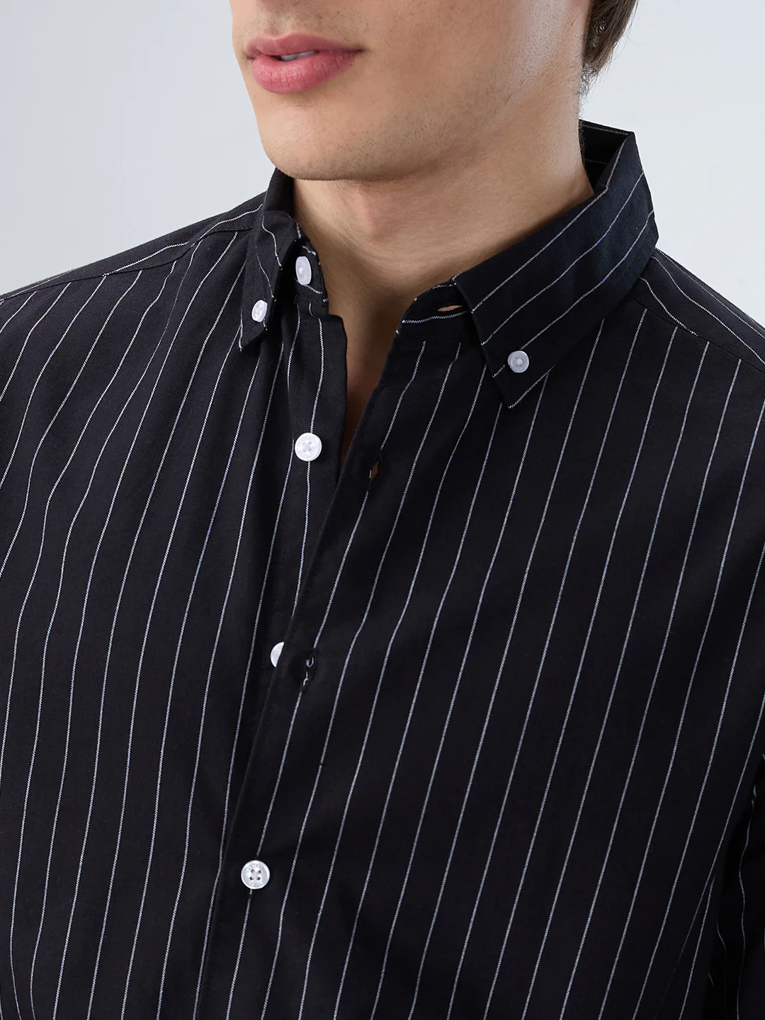 Black Balanced Striped Button Down Collar Shirt - Image 3