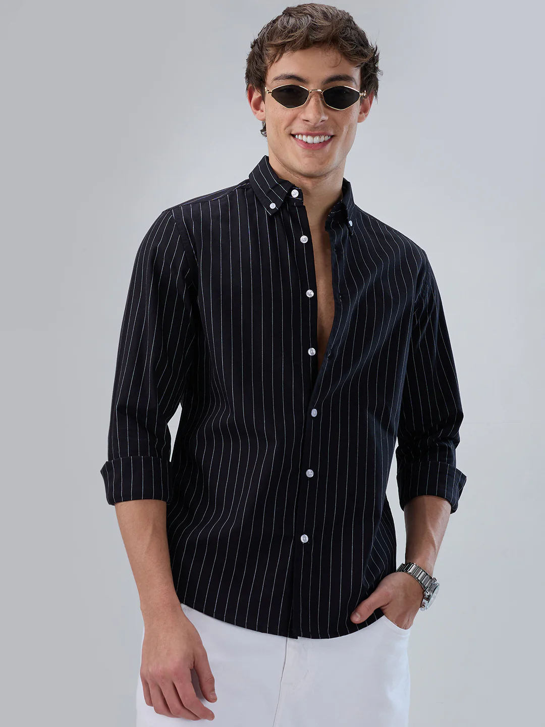 Black Balanced Striped Button Down Collar Shirt - Image 4
