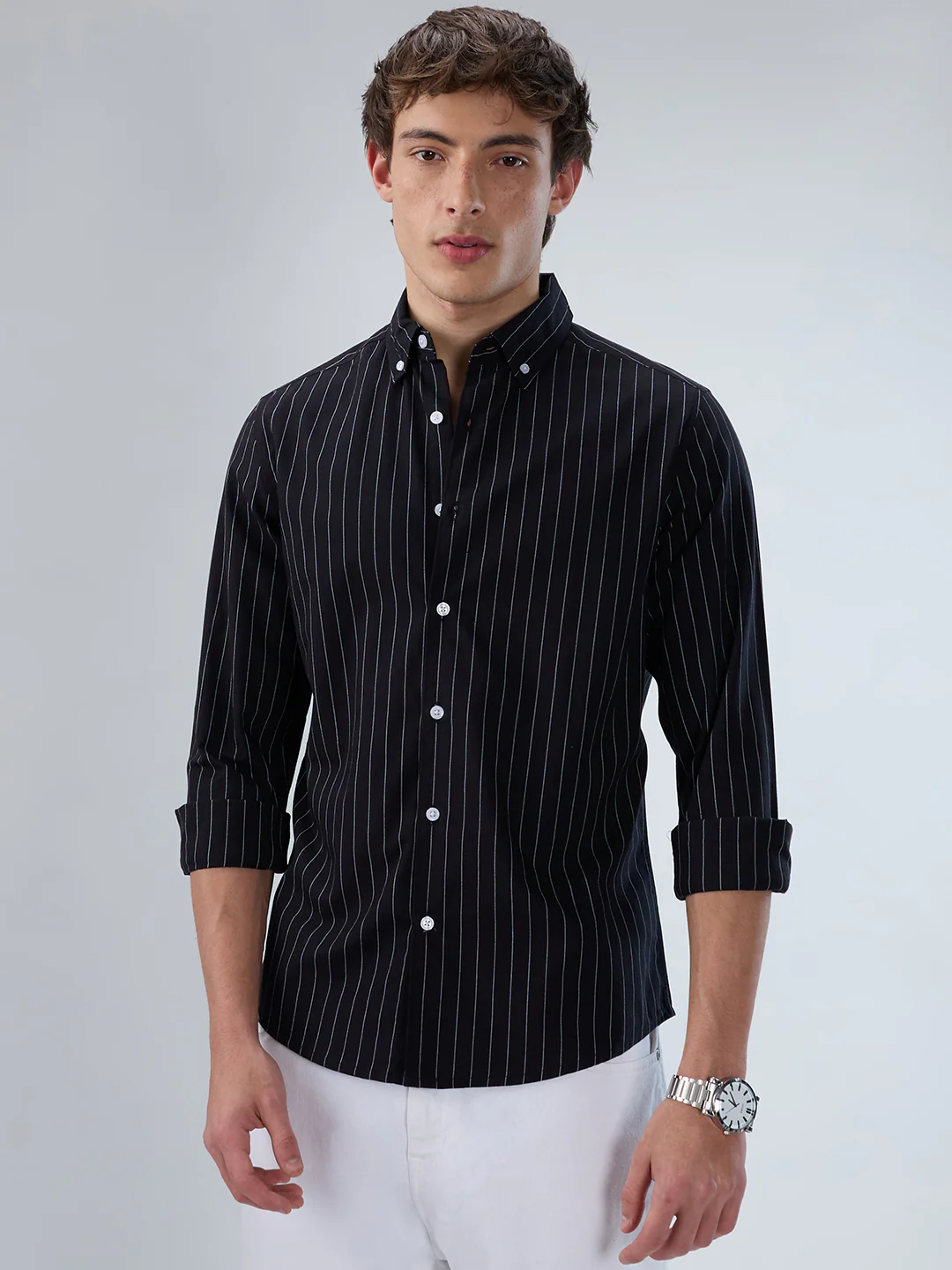 Black Balanced Striped Button Down Collar Shirt - Image 5