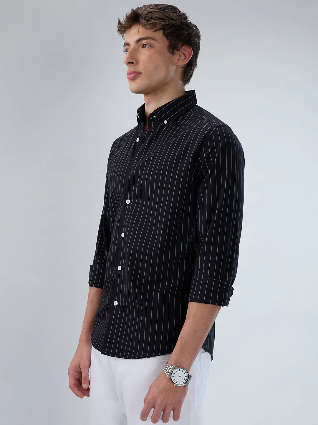 Black Balanced Striped Button Down Collar Shirt - Image 6