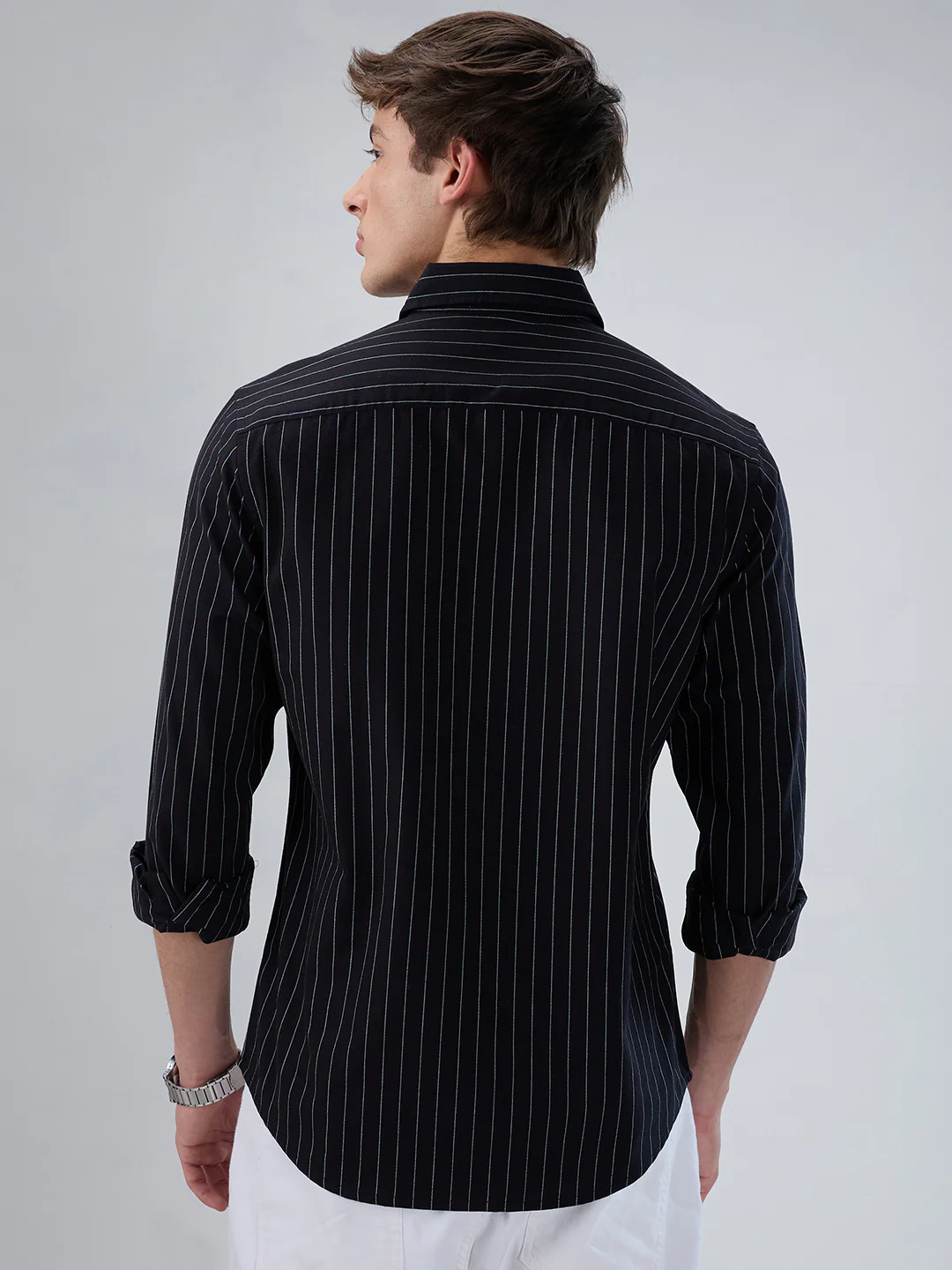 Black Balanced Striped Button Down Collar Shirt - Image 7