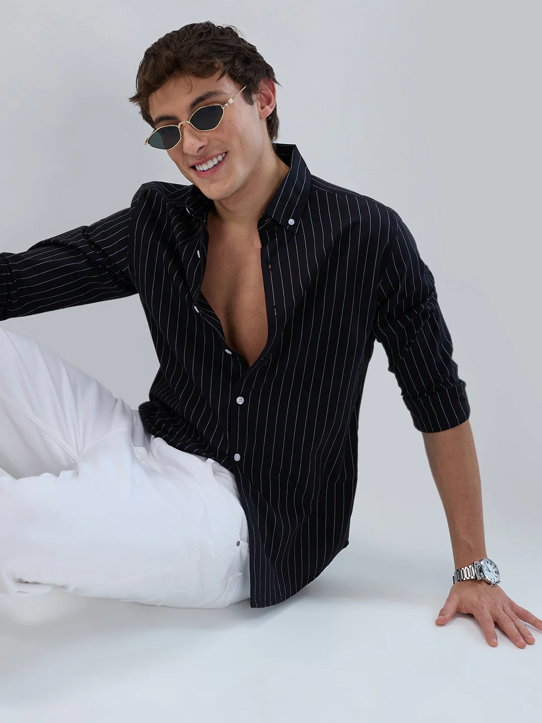 Black Balanced Striped Button Down Collar Shirt - Image 8