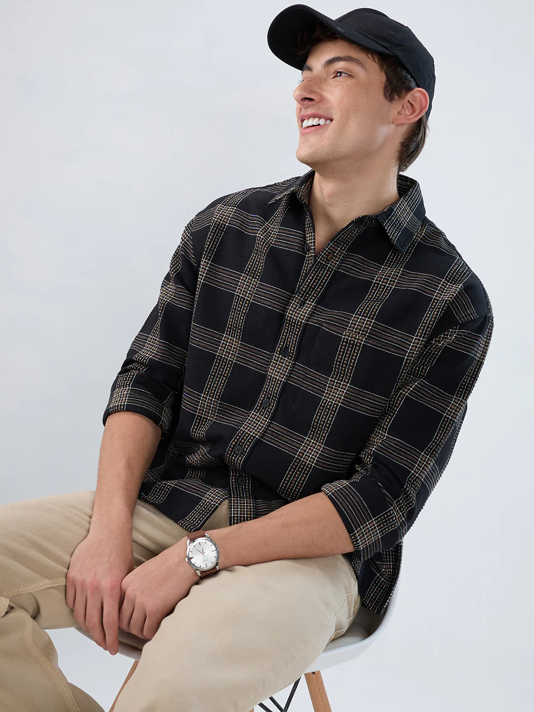 Black & Brown Contrast Panel Checks Boxy Fit Crop Shirt - Image 2