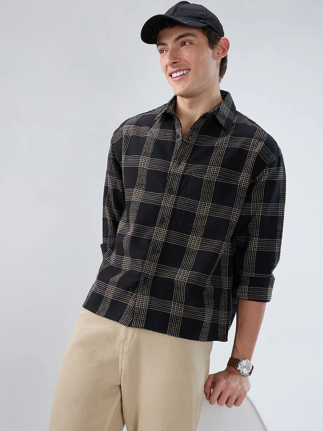 Black & Brown Contrast Panel Checks Boxy Fit Crop Shirt - Image 4
