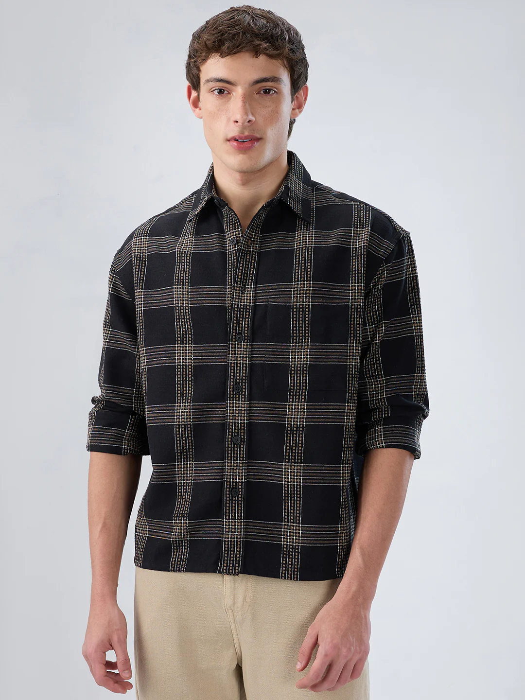 Black & Brown Contrast Panel Checks Boxy Fit Crop Shirt - Image 5
