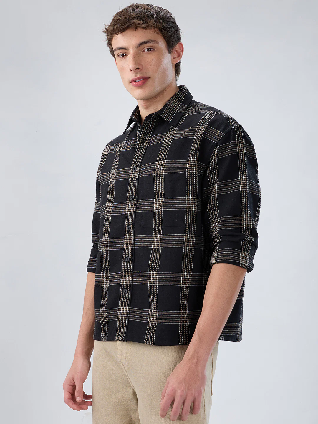 Black & Brown Contrast Panel Checks Boxy Fit Crop Shirt - Image 6
