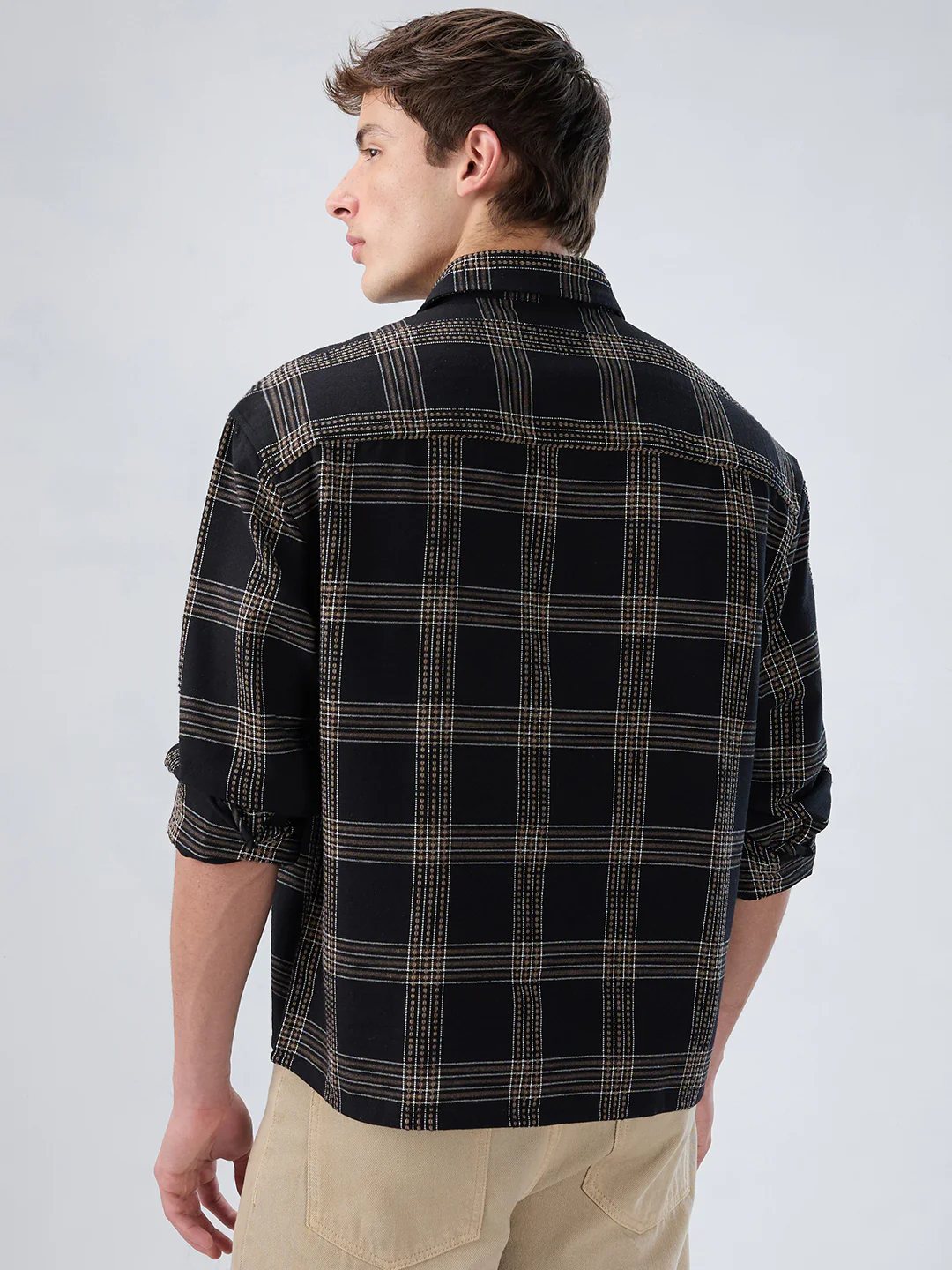Black & Brown Contrast Panel Checks Boxy Fit Crop Shirt - Image 7
