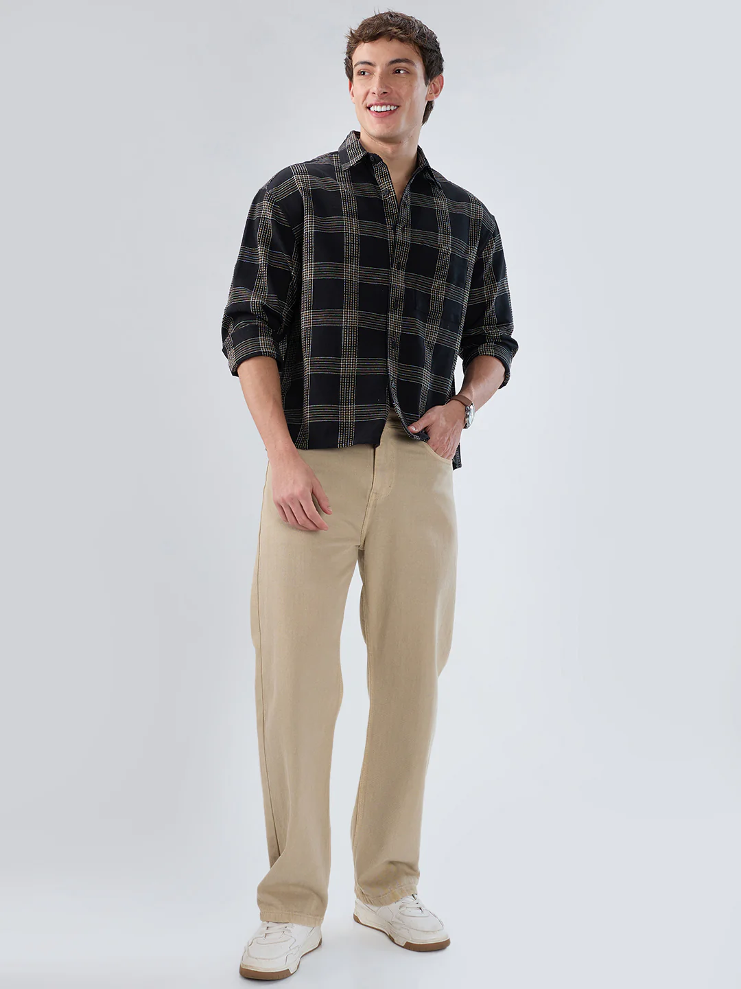 Black & Brown Contrast Panel Checks Boxy Fit Crop Shirt - Image 8