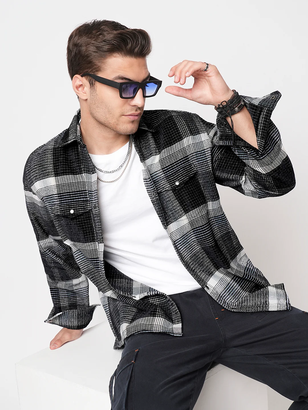 Black Checks Double Flap Pocket Corduroy Shirt - Image 2