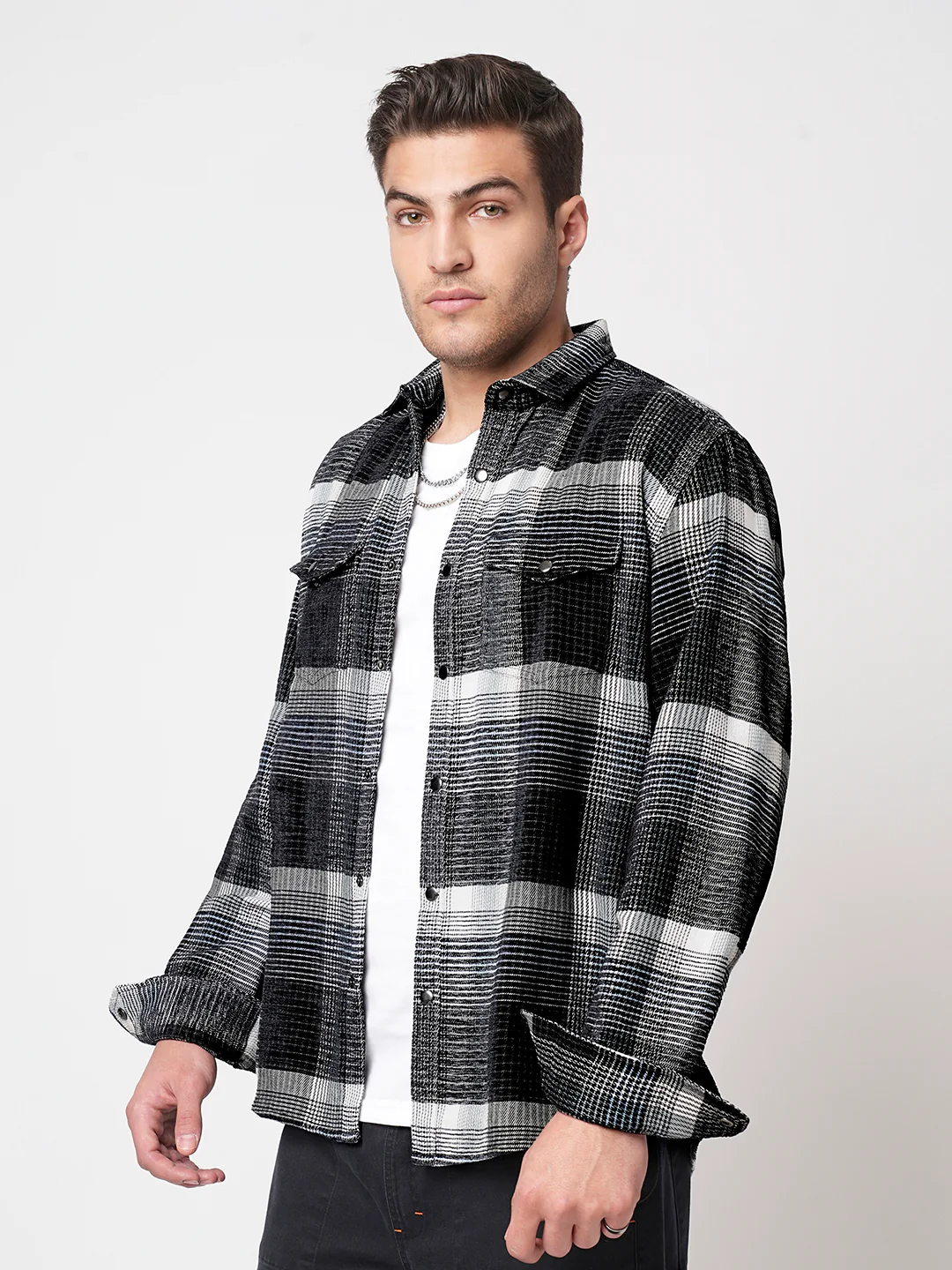 Black Checks Double Flap Pocket Corduroy Shirt - Image 4