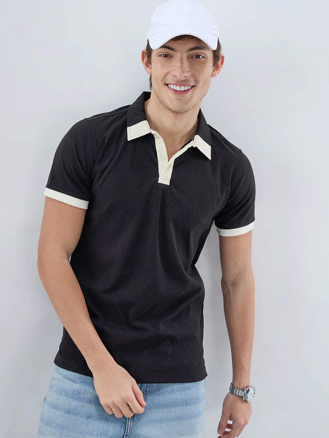 Black Chevron Contrast Polo Neck Knit T-shirt