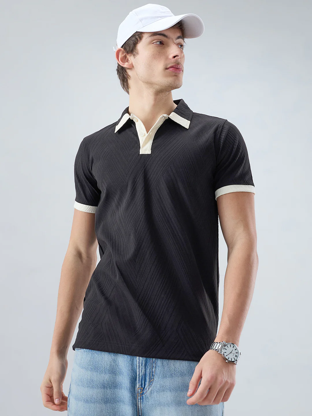 Black Chevron Contrast Polo Neck Knit T-shirt - Image 2