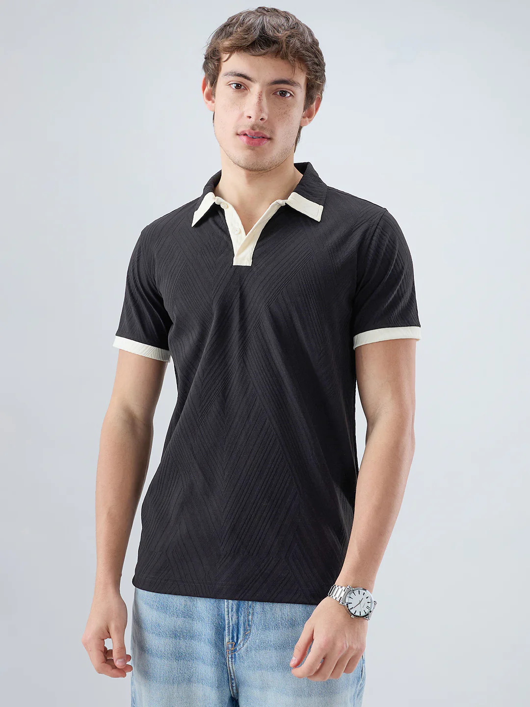 Black Chevron Contrast Polo Neck Knit T-shirt - Image 5