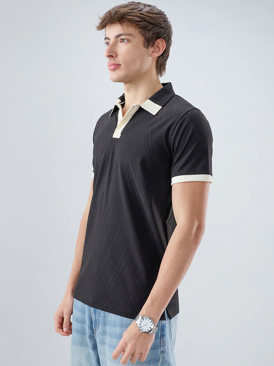 Black Chevron Contrast Polo Neck Knit T-shirt - Image 6