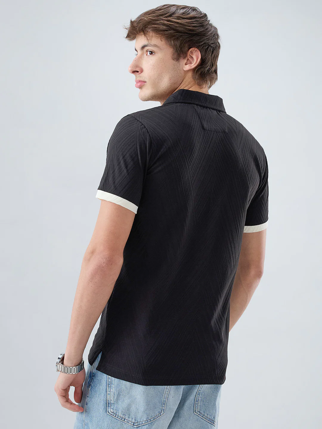 Black Chevron Contrast Polo Neck Knit T-shirt - Image 7