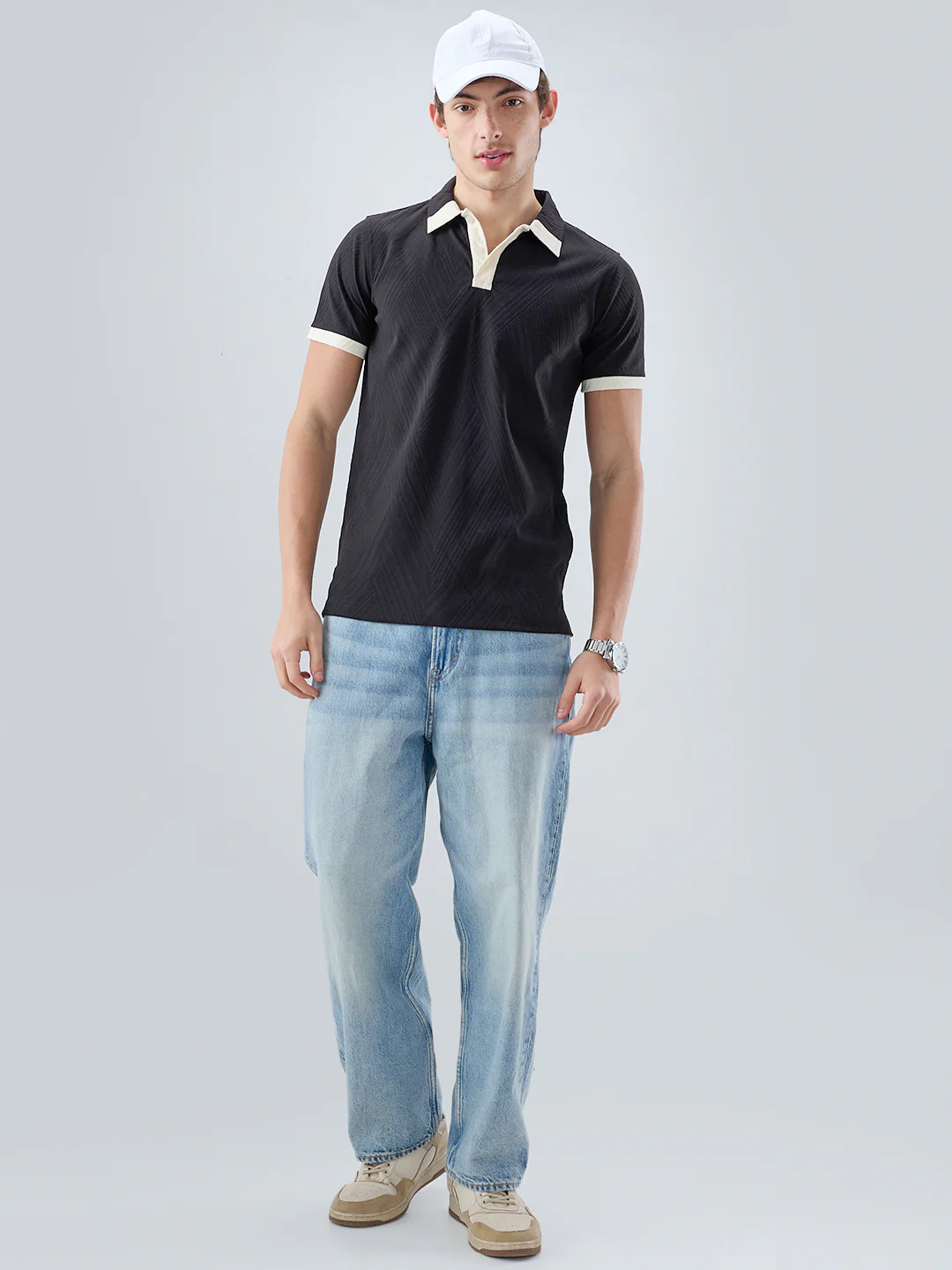Black Chevron Contrast Polo Neck Knit T-shirt - Image 8