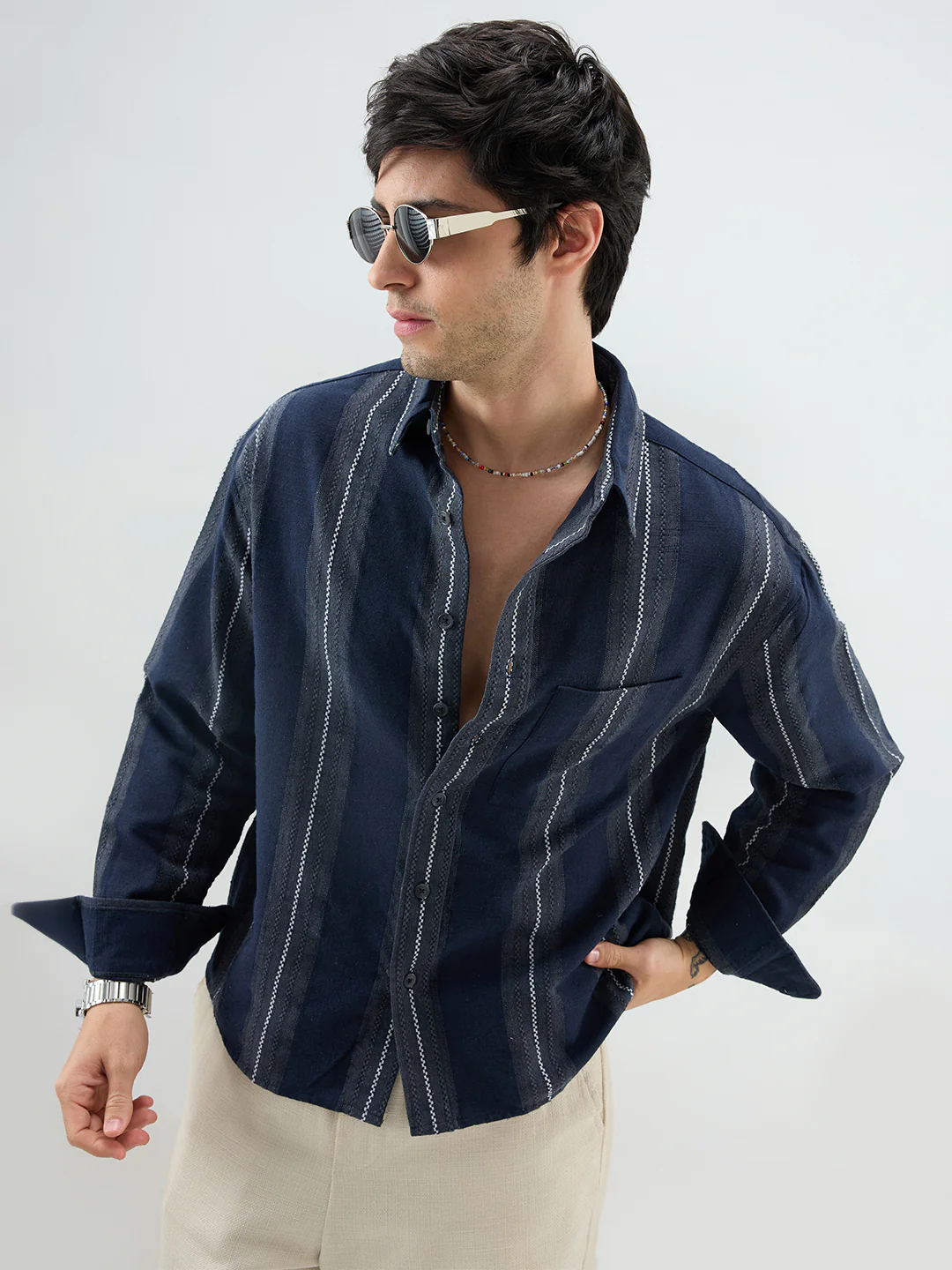 Navy Contrast Panel Fine Weave Boxy Fit Crop Shirt