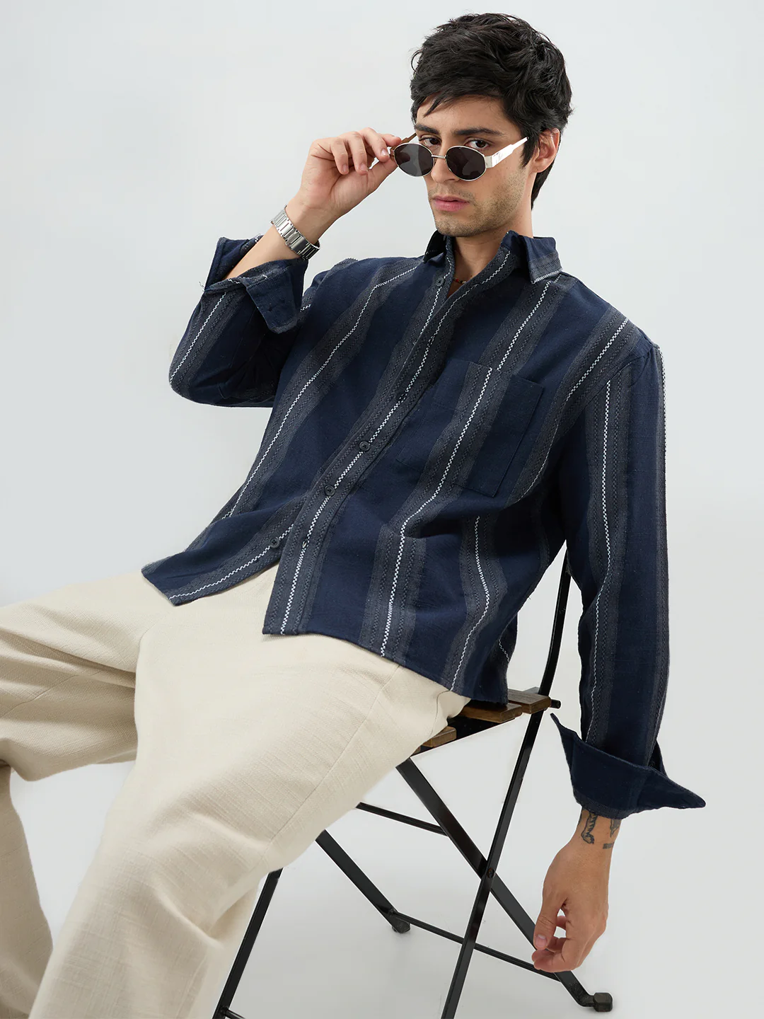 Navy Contrast Panel Fine Weave Boxy Fit Crop Shirt - Image 4
