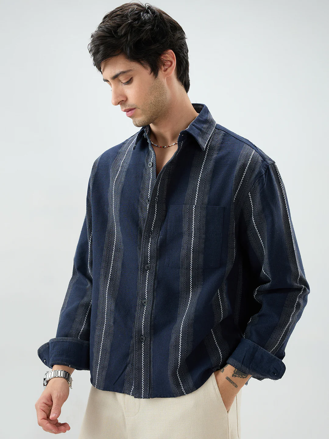 Navy Contrast Panel Fine Weave Boxy Fit Crop Shirt - Image 6