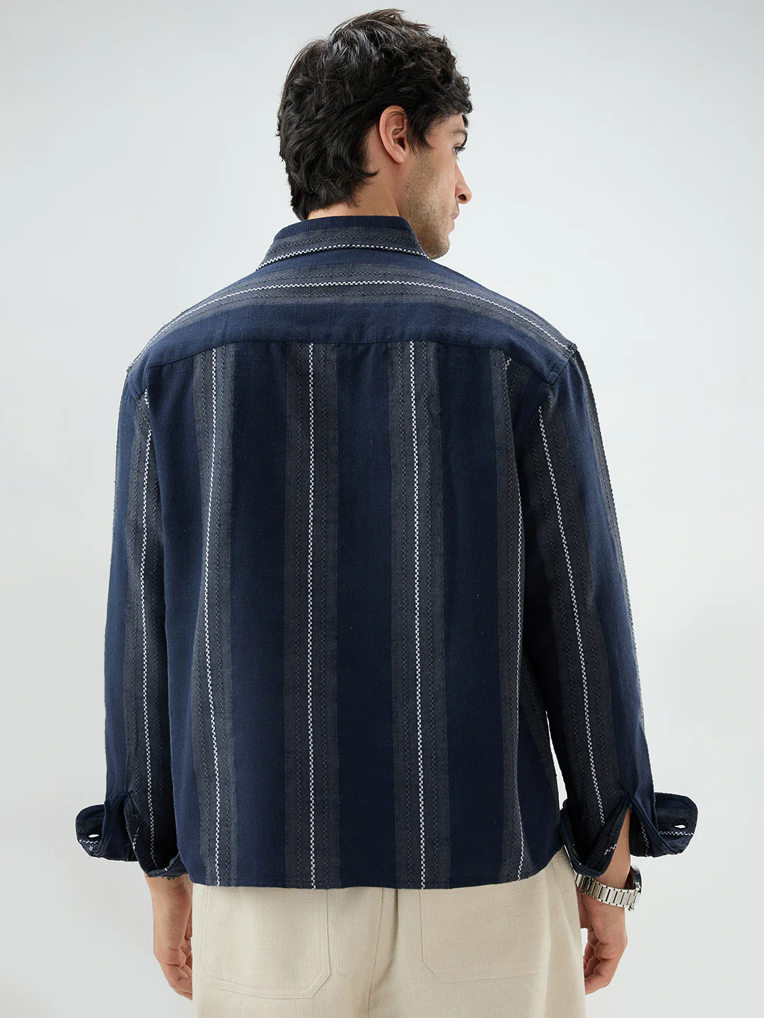 Navy Contrast Panel Fine Weave Boxy Fit Crop Shirt - Image 7