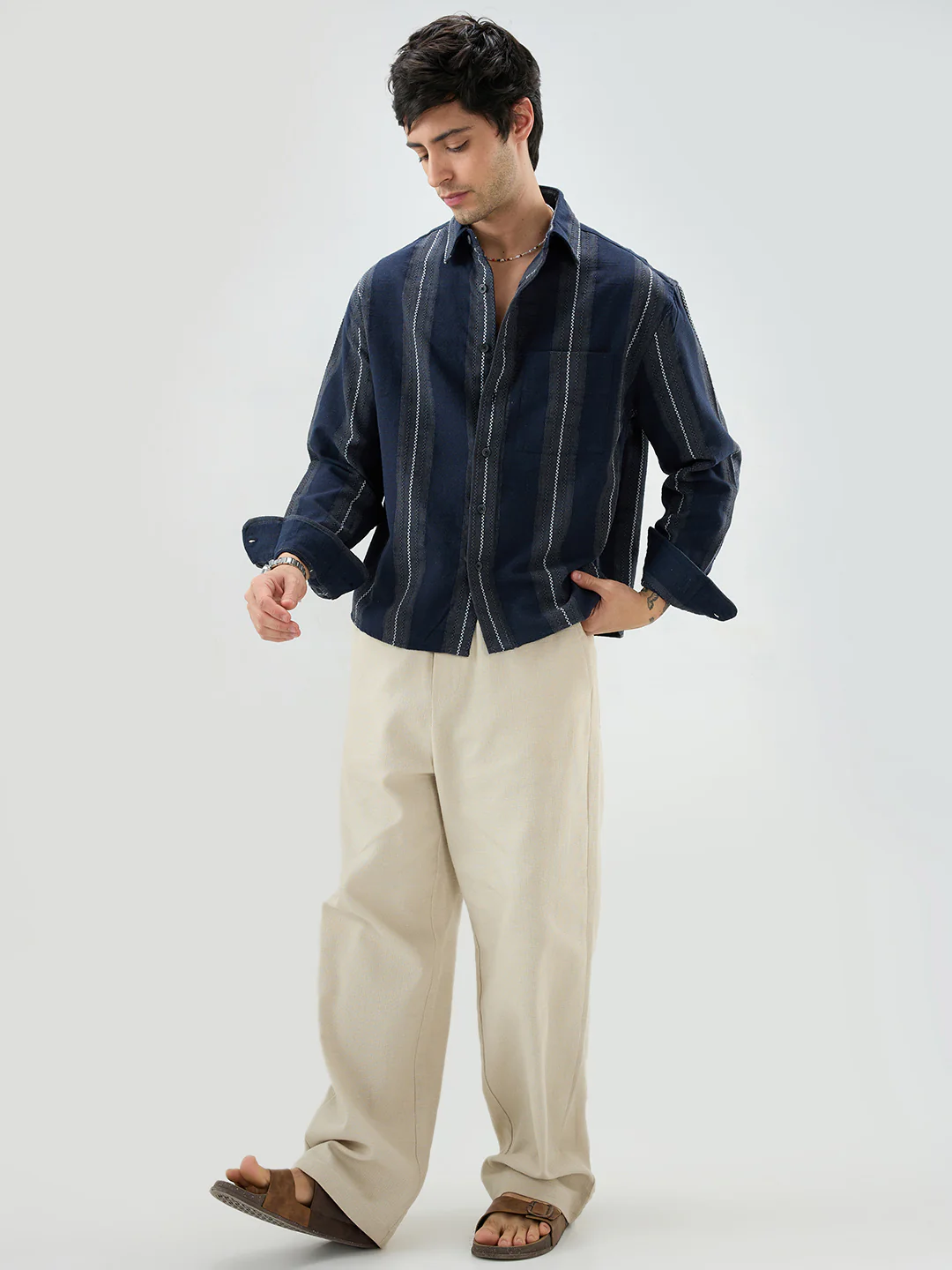 Navy Contrast Panel Fine Weave Boxy Fit Crop Shirt - Image 8