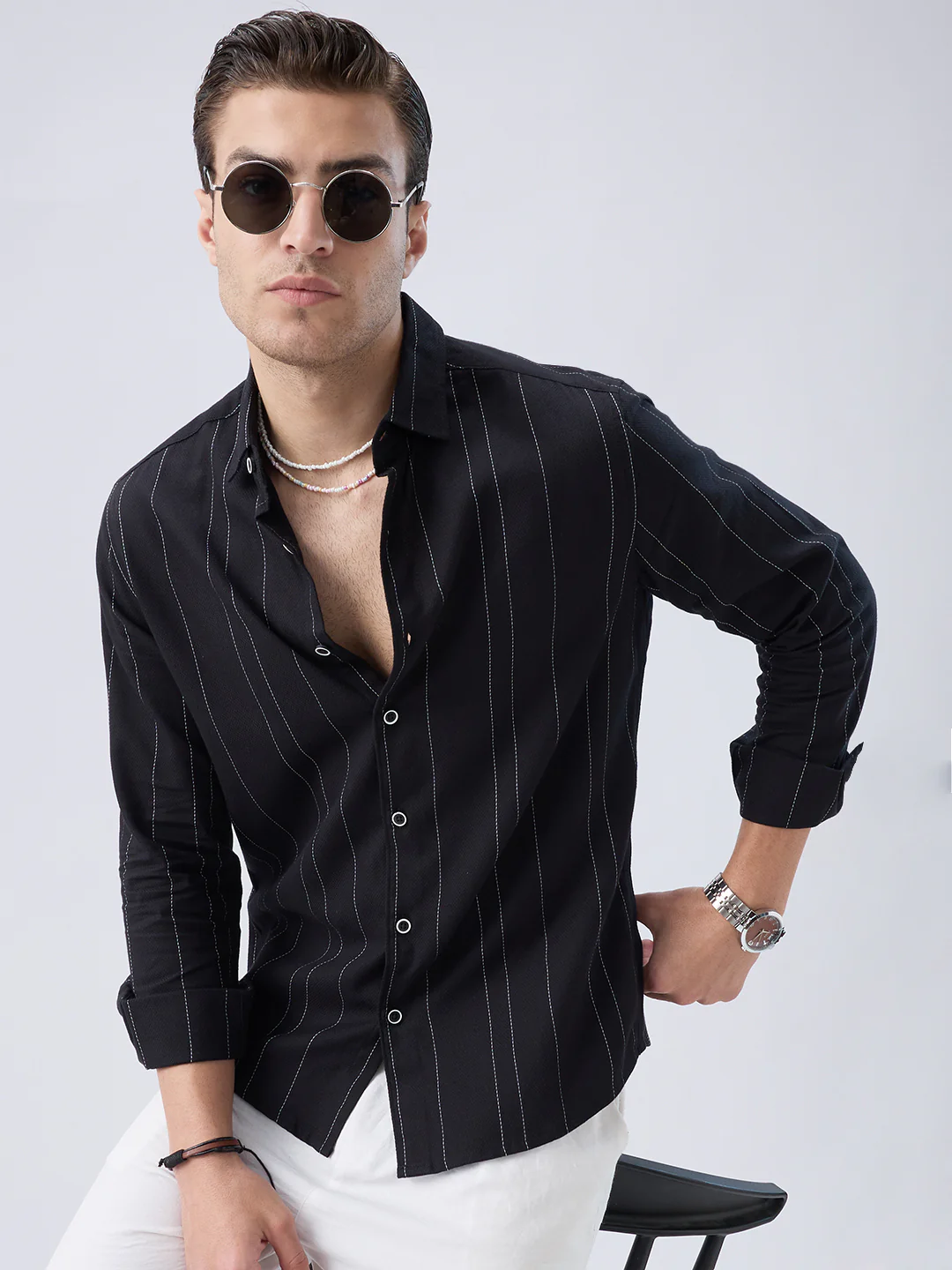 Black Contrast Stitch Vertical Striped Shirt - Image 2