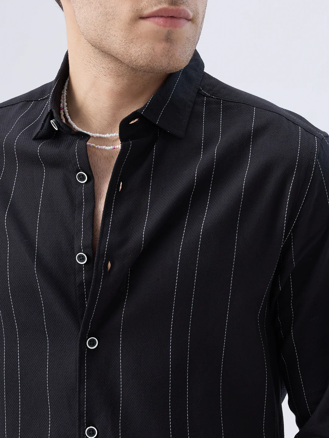 Black Contrast Stitch Vertical Striped Shirt - Image 3