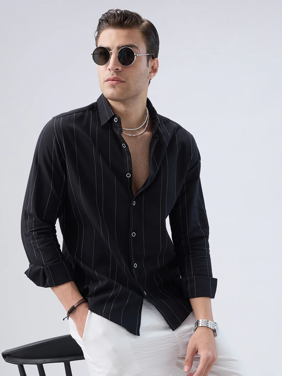 Black Contrast Stitch Vertical Striped Shirt - Image 4