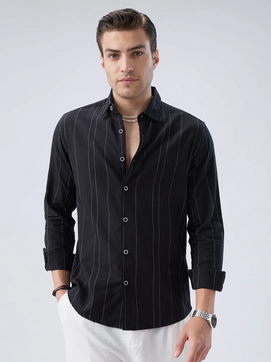 Black Contrast Stitch Vertical Striped Shirt - Image 5