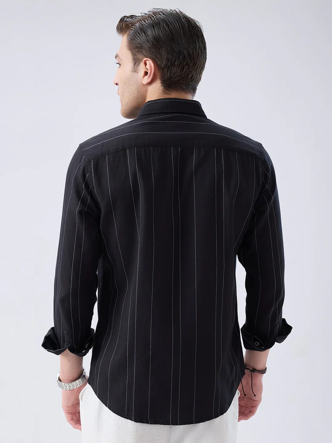 Black Contrast Stitch Vertical Striped Shirt - Image 7