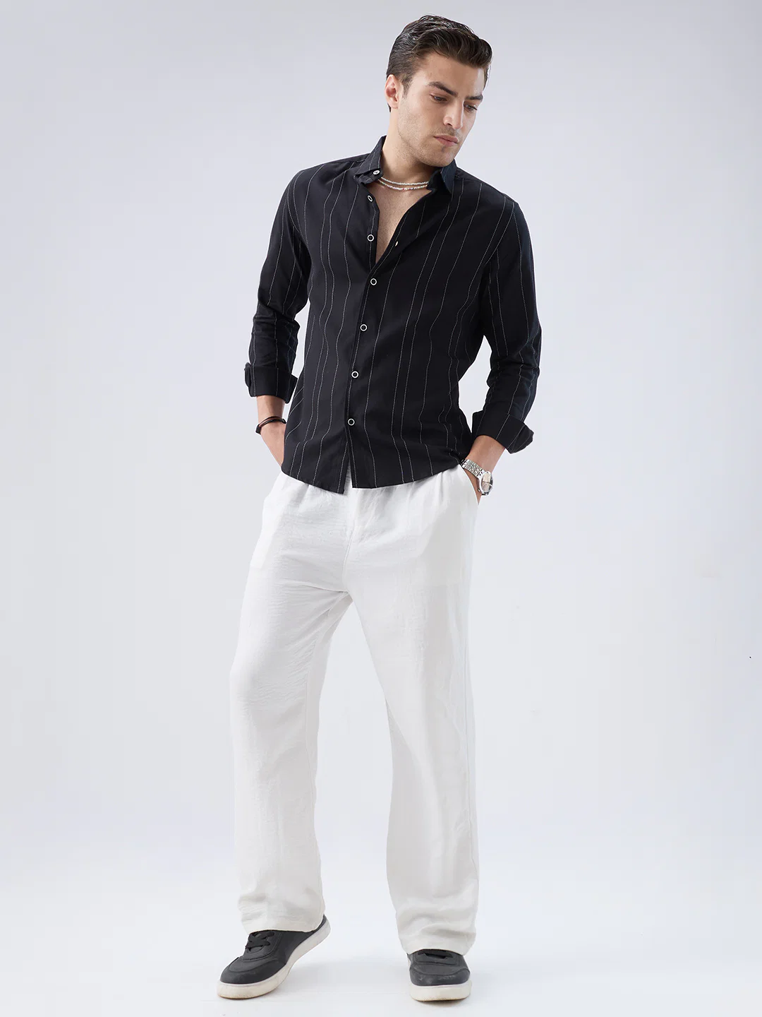 Black Contrast Stitch Vertical Striped Shirt - Image 8