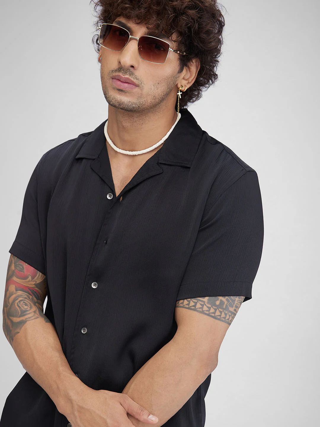 Black Crepe Oversized Resort Collar Shirt - Image 2