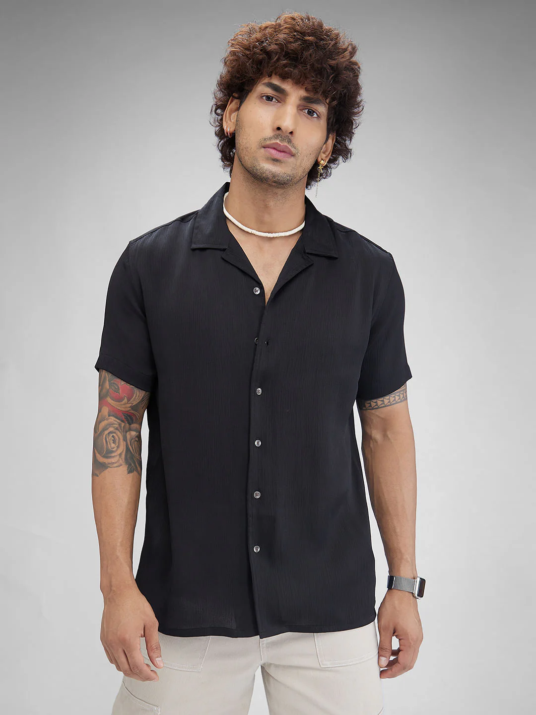 Black Crepe Oversized Resort Collar Shirt - Image 4
