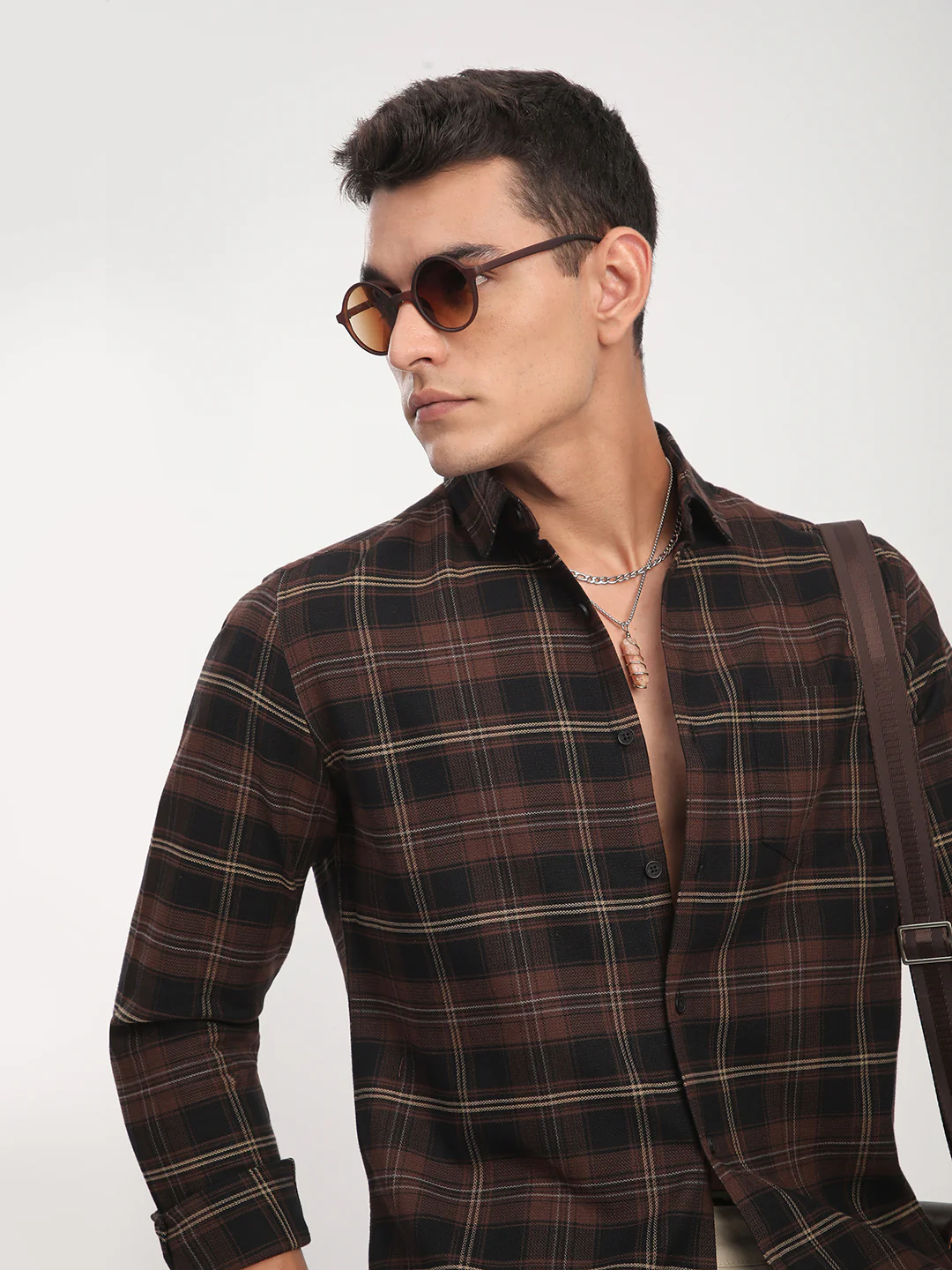 Premium Cotton Black & Dark Brown Obscura Checks Shirt - Image 2