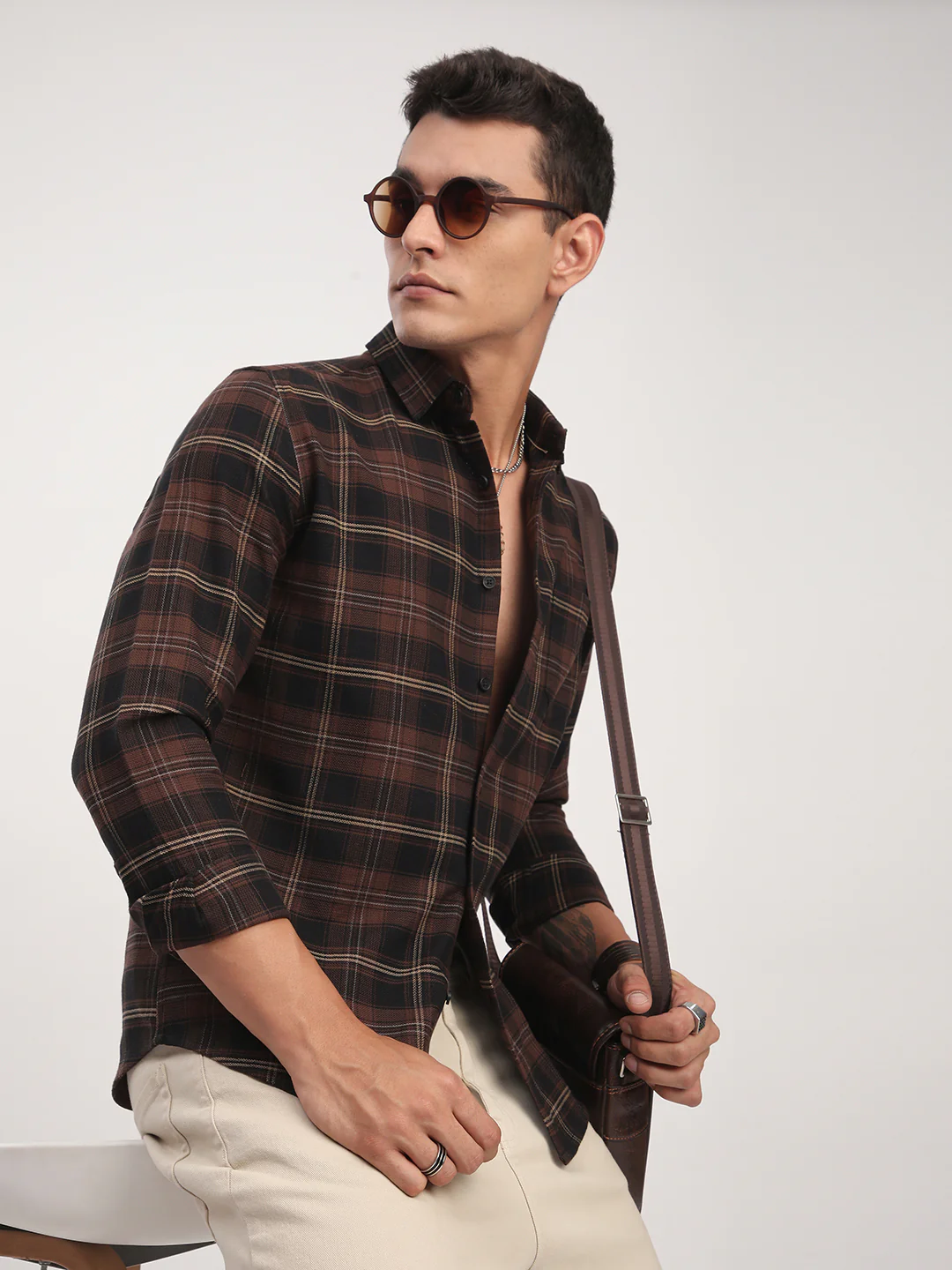 Premium Cotton Black & Dark Brown Obscura Checks Shirt - Image 4