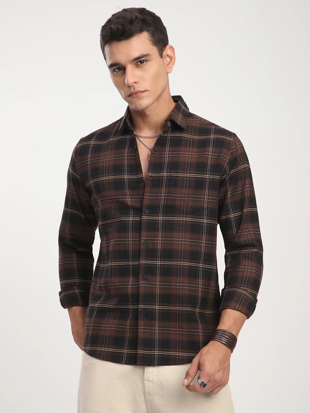 Premium Cotton Black & Dark Brown Obscura Checks Shirt - Image 5