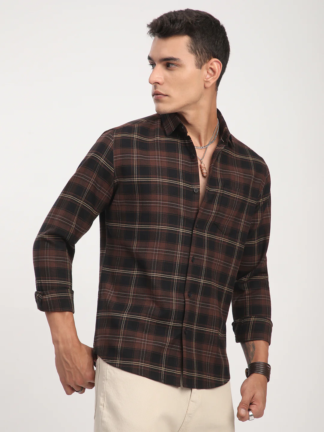 Premium Cotton Black & Dark Brown Obscura Checks Shirt - Image 6