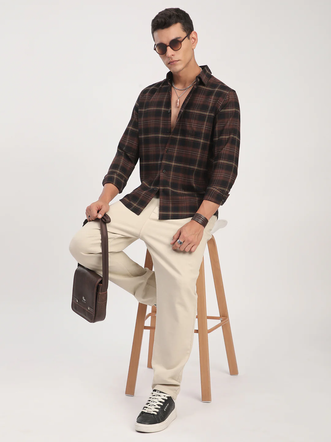 Premium Cotton Black & Dark Brown Obscura Checks Shirt - Image 8