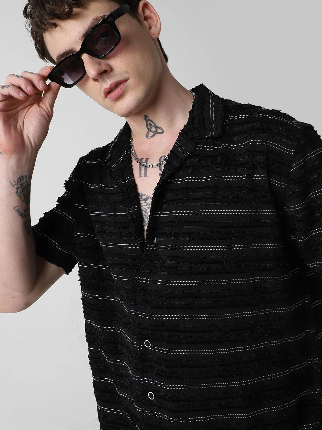 Black Even Stripe Frayed Oversized Shirt - Image 2