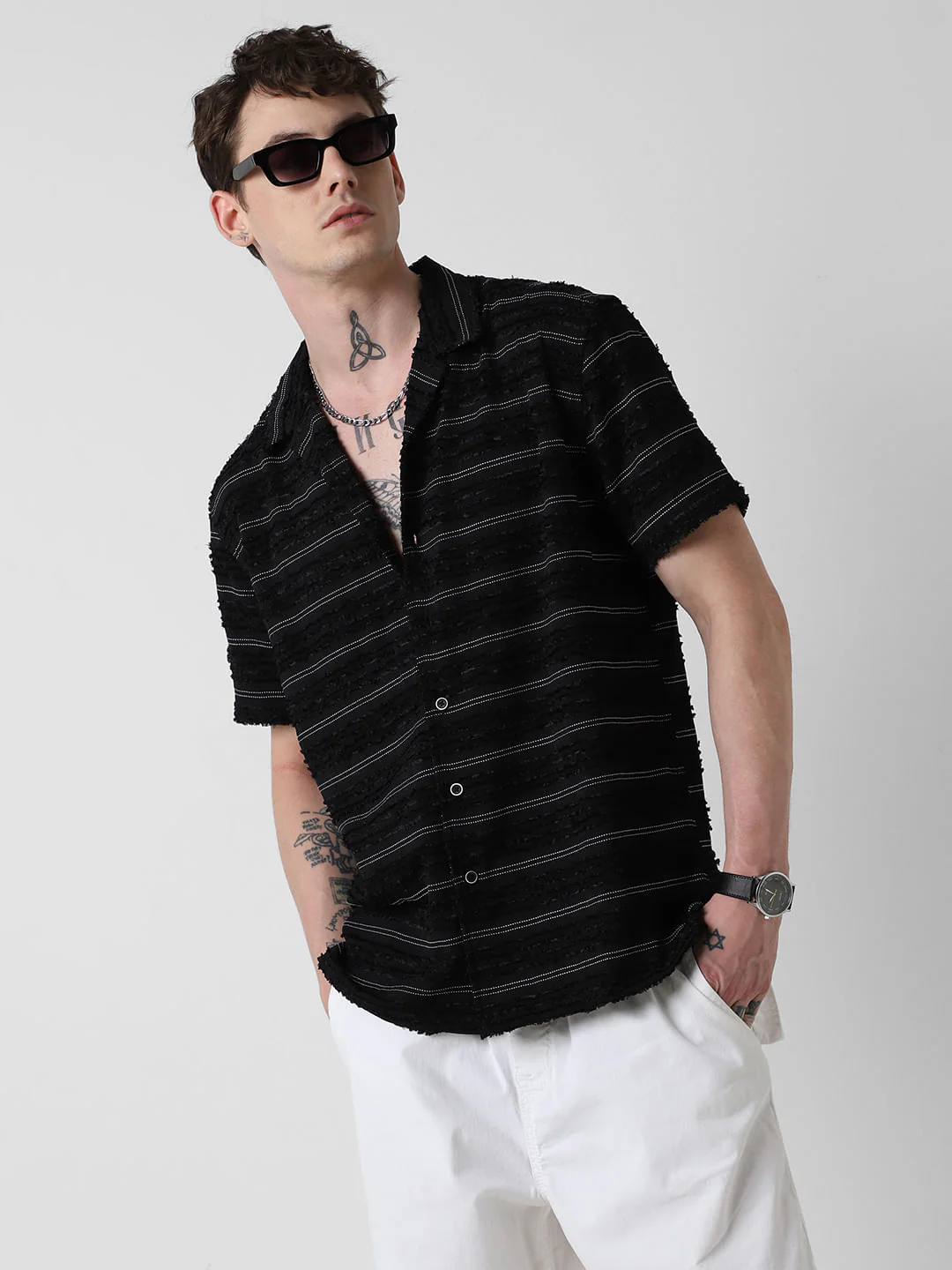 Black Even Stripe Frayed Oversized Shirt - Image 4