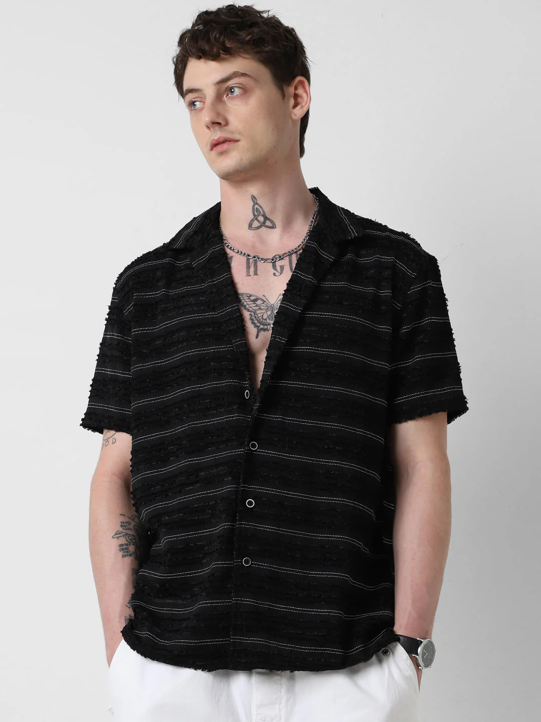 Black Even Stripe Frayed Oversized Shirt - Image 5