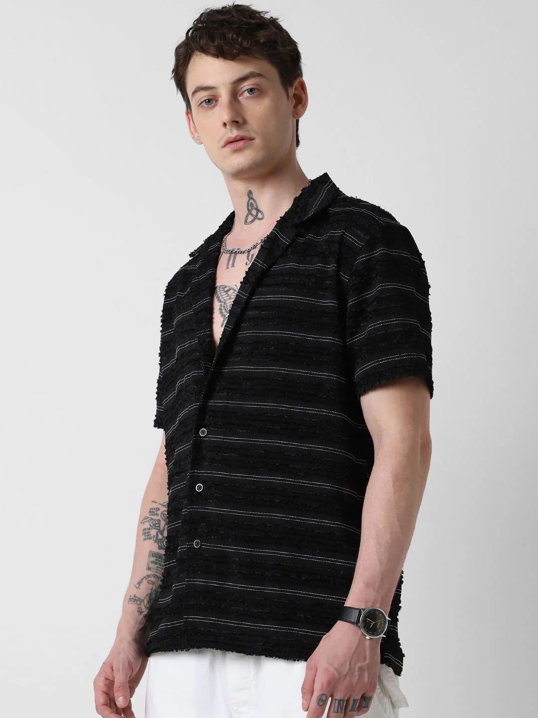 Black Even Stripe Frayed Oversized Shirt - Image 6