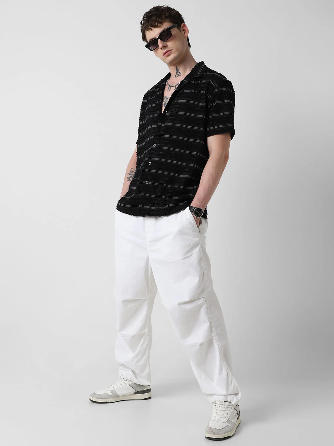 Black Even Stripe Frayed Oversized Shirt - Image 8