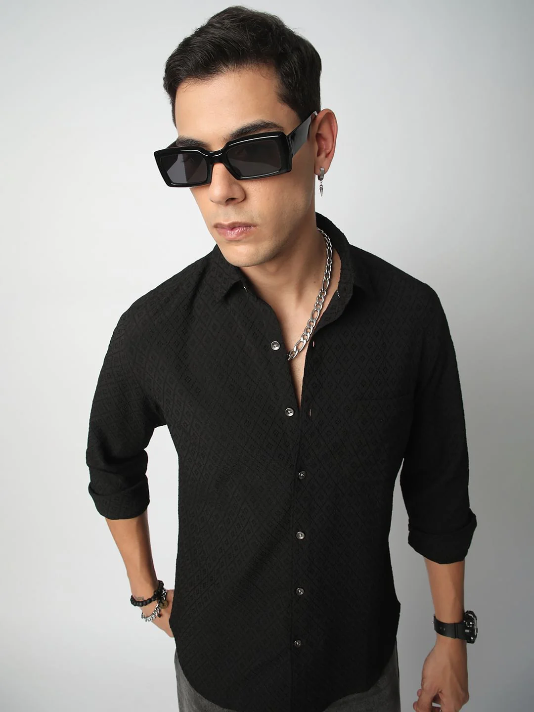 Black Explicit Diamond Jacquard Shirt - Image 2